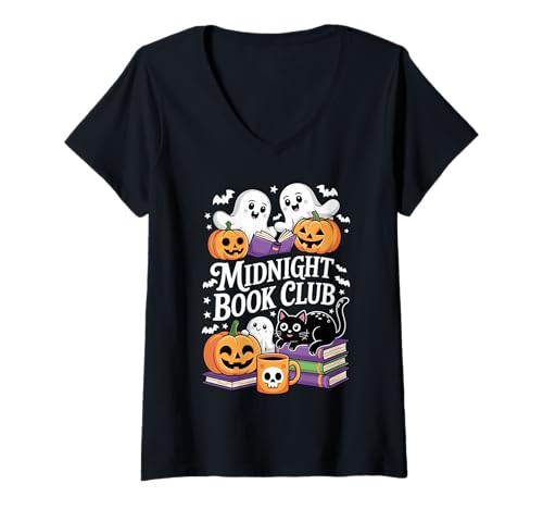 Damen Midnight Book Club Ghosts Pumpkins Bats Cat T-Shirt mit V-Ausschnitt Damen Midnight Book Club Ghosts Pumpkins Bats Cat T-Shirt mit V-Ausschnitt von Spooky Ghosts Halloween Reading Fun