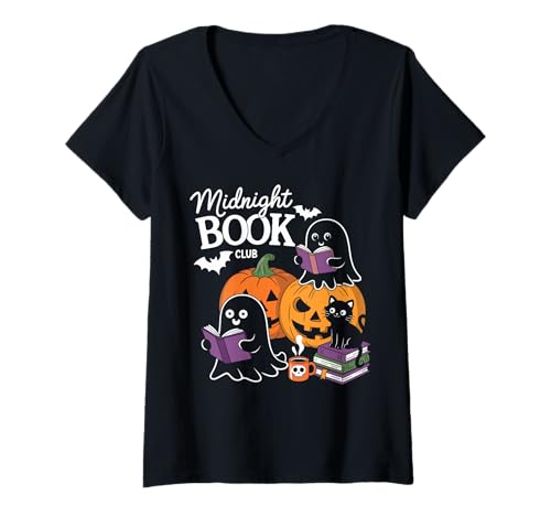 Damen Midnight Book Club Ghosts Pumpkins Bats Cat T-Shirt mit V-Ausschnitt Damen Midnight Book Club Ghosts Pumpkins Bats Cat T-Shirt mit V-Ausschnitt von Spooky Ghosts Halloween Reading Fun