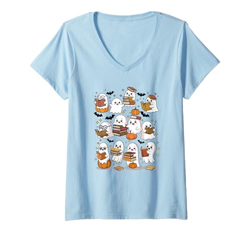Damen Süße Geister lesen Bücher Smart Book Lover Halloween T-Shirt mit V-Ausschnitt Damen Süße Geister lesen Bücher Smart Book Lover Halloween T-Shirt mit V-Ausschnitt von Spooky Ghosts Readers Scary Books Bats Pumpkins