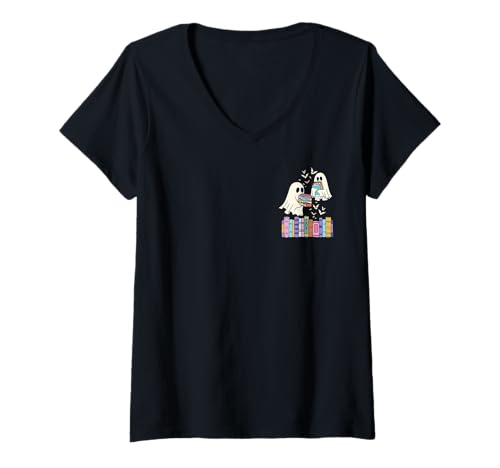Damen Niedlicher gruseliger Geist Lesebücher Lustiger Halloween-Lehrer T-Shirt mit V-Ausschnitt Damen Niedlicher gruseliger Geist Lesebücher Lustiger Halloween-Lehrer T-Shirt mit V-Ausschnitt von Spooky Ghosts Reading Teacher Novelty Apparel