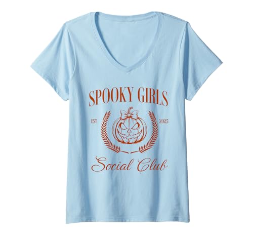 Damen Halloween Graphic Social Club Womens T-Shirt mit V-Ausschnitt von Spooky Girls Wear