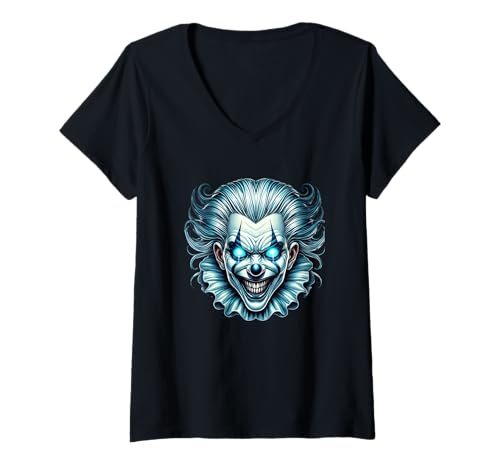 Damen Creepy Evil Clown Leuchtende blaue Augen T-Shirt mit V-Ausschnitt Damen Creepy Evil Clown Leuchtende blaue Augen T-Shirt mit V-Ausschnitt von Spooky Glow Evil Clown Horror Theme