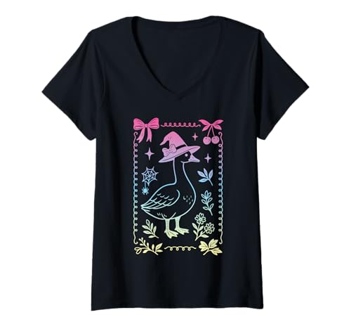 Damen Lustig Gans Hexenhut Kokette Schleife Pastell-Hexenmädchen T-Shirt mit V-Ausschnitt Damen Lustig Gans Hexenhut Kokette Schleife Pastell-Hexenmädchen T-Shirt mit V-Ausschnitt von Spooky Goose Coquette Bow Pastel Witch 90s y2k
