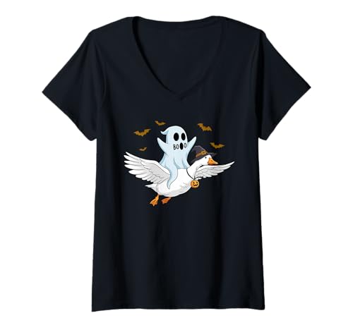 Damen Geist reitende Gans Hexenhut Lustiges Halloween albernes Tier T-Shirt mit V-Ausschnitt Damen Geist reitende Gans Hexenhut Lustiges Halloween albernes Tier T-Shirt mit V-Ausschnitt von Spooky Goose Halloween Fun