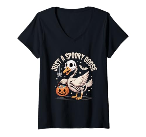 Damen Just a Spooky Goose Süßes Skelett Halloween Frauen Mädchen T-Shirt mit V-Ausschnitt Damen Just a Spooky Goose Süßes Skelett Halloween Frauen Mädchen T-Shirt mit V-Ausschnitt von Spooky Goose Halloween Funny Costume