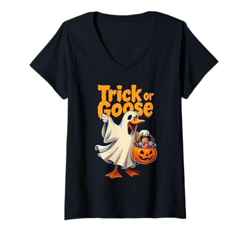 Damen Trick or Goose Lustiges Halloween Goose Wortspiel T-Shirt mit V-Ausschnitt Damen Trick or Goose Lustiges Halloween Goose Wortspiel T-Shirt mit V-Ausschnitt von Spooky Goose Humor Halloween Art
