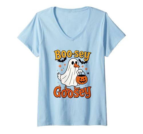 Damen Boo-sey Goosey Lustige Halloween-Gans Trick or Treat Grafik T-Shirt mit V-Ausschnitt Damen Boo-sey Goosey Lustige Halloween-Gans Trick or Treat Grafik T-Shirt mit V-Ausschnitt von Spooky Goose On The Loose Cartoon Style Art