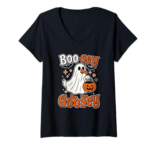 Damen Boo-sey Goosey Lustige Halloween-Gans Trick or Treat Grafik T-Shirt mit V-Ausschnitt Damen Boo-sey Goosey Lustige Halloween-Gans Trick or Treat Grafik T-Shirt mit V-Ausschnitt von Spooky Goose On The Loose Cartoon Style Art