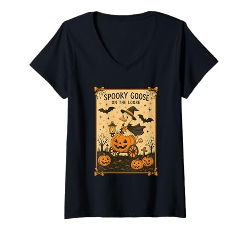 Damen Gruselige Gans auf der losen lustigen Hexe Kürbis Halloween T-Shirt mit V-Ausschnitt Damen Gruselige Gans auf der losen lustigen Hexe Kürbis Halloween T-Shirt mit V-Ausschnitt von Spooky Goose On The Loose Witch Pumpkin Halloween