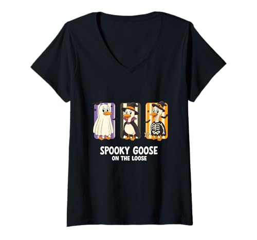 Damen Gruselige Gans auf der losen lustigen Hexe Kürbis Halloween T-Shirt mit V-Ausschnitt von Spooky Goose On The Loose Witch Pumpkin Halloween