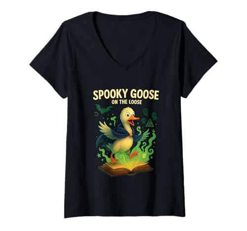 Damen Gruselige Gans auf der losen lustigen Hexe Kürbis Halloween T-Shirt mit V-Ausschnitt von Spooky Goose On The Loose Witch Pumpkin Halloween