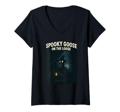 Damen Gruselige Gans auf der losen lustigen Hexe Kürbis Halloween T-Shirt mit V-Ausschnitt von Spooky Goose On The Loose Witch Pumpkin Halloween