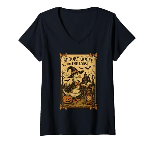Damen Gruselige Gans auf der losen lustigen Hexe Kürbis Halloween T-Shirt mit V-Ausschnitt Damen Gruselige Gans auf der losen lustigen Hexe Kürbis Halloween T-Shirt mit V-Ausschnitt von Spooky Goose On The Loose Witch Pumpkin Halloween
