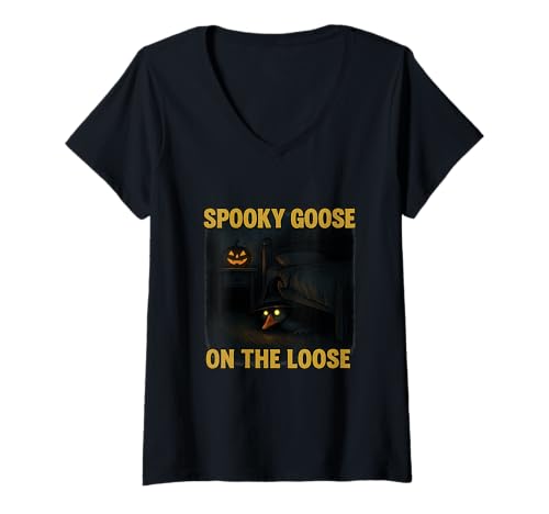 Damen Gruselige Gans auf der losen lustigen Hexe Kürbis Halloween T-Shirt mit V-Ausschnitt von Spooky Goose On The Loose Witch Pumpkin Halloween