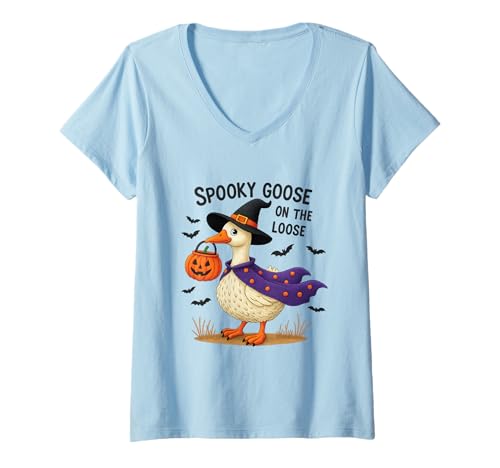 Damen Gruselige Gans auf der losen lustigen Hexe Kürbis Halloween T-Shirt mit V-Ausschnitt Damen Gruselige Gans auf der losen lustigen Hexe Kürbis Halloween T-Shirt mit V-Ausschnitt von Spooky Goose On The Loose Witch Pumpkin Halloween