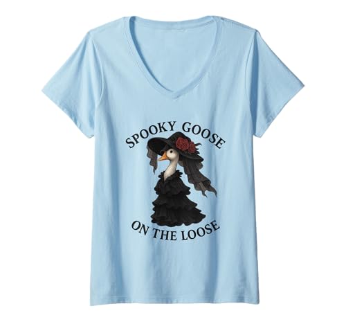 Damen Gruselige Gans auf der losen lustigen Hexe Kürbis Halloween T-Shirt mit V-Ausschnitt Damen Gruselige Gans auf der losen lustigen Hexe Kürbis Halloween T-Shirt mit V-Ausschnitt von Spooky Goose On The Loose Witch Pumpkin Halloween