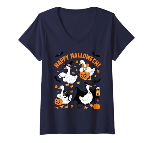 Damen Lustige Halloween-Gans Trick or Treat Parade T-Shirt mit V-Ausschnitt Damen Lustige Halloween-Gans Trick or Treat Parade T-Shirt mit V-Ausschnitt von Spooky Goose Parade