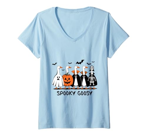 Damen Gruseliges Gans Shirt Lustiges Geist Kürbis Skelett Squad T-Shirt mit V-Ausschnitt Damen Gruseliges Gans Shirt Lustiges Geist Kürbis Skelett Squad T-Shirt mit V-Ausschnitt von Spooky Goose Tee Shirts for Halloween Costume Fans
