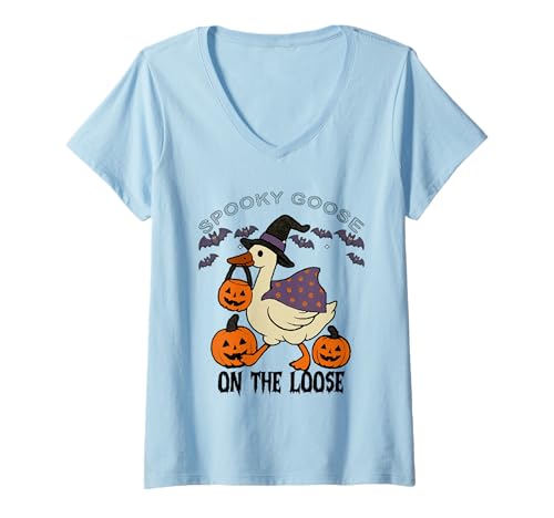 Damen Gruselige Gans auf dem losen Halloween-Geisterhexenkürbis T-Shirt mit V-Ausschnitt von Spooky Goose on The Loose Funny Halloween