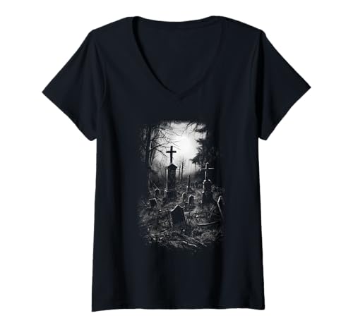 Damen Nacht Motiv Grusel Friedhof Grabsteine T-Shirt mit V-Ausschnitt von Spooky Gothic Graveyard Artwork