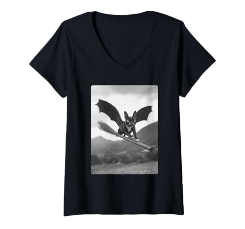 Damen Boston Terrier Hexenbesen Fledermausflügel gruseliger Halloween-Hund T-Shirt mit V-Ausschnitt von Spooky Gothic Halloween Animals Clothing