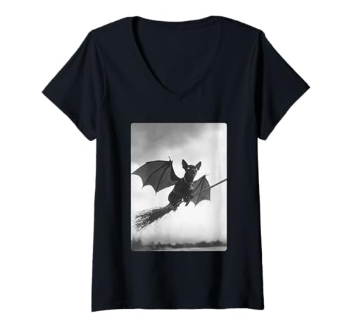 Damen Gothic Chihuahua Hexenbesen Fledermausflügel gruseliger Halloween-Hund T-Shirt mit V-Ausschnitt von Spooky Gothic Halloween Animals Clothing