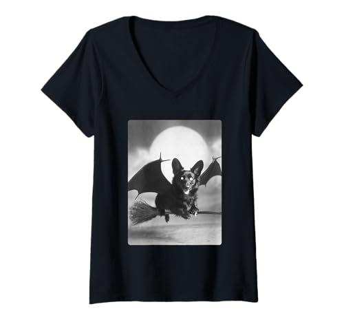 Damen Gothic Corgi Hexenbesen Fledermausflügel gruseliger Halloween-Hund T-Shirt mit V-Ausschnitt von Spooky Gothic Halloween Animals Clothing