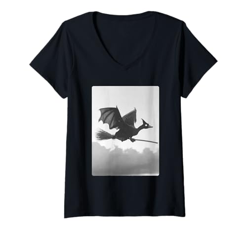 Damen Gothic Gans Hexenbesen Fledermausflügel Gruseliges Halloween Tier T-Shirt mit V-Ausschnitt von Spooky Gothic Halloween Animals Clothing