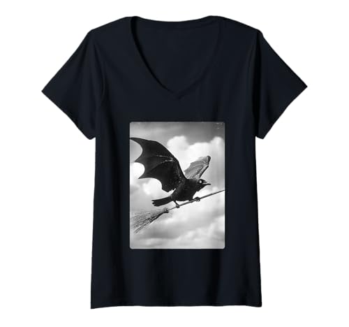 Damen Gothic Krähe Hexenbesen Fledermausflügel Gruseliges Halloween-Tier T-Shirt mit V-Ausschnitt von Spooky Gothic Halloween Animals Clothing