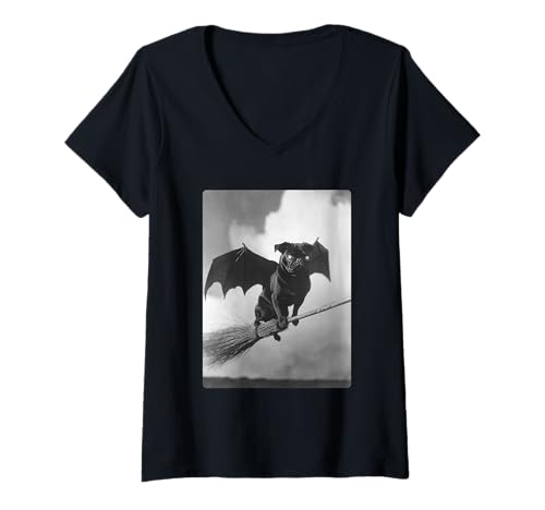 Damen Gothic Mops mit Fledermausflügeln Hexenbesen gruseliger Halloween Hund T-Shirt mit V-Ausschnitt von Spooky Gothic Halloween Animals Clothing