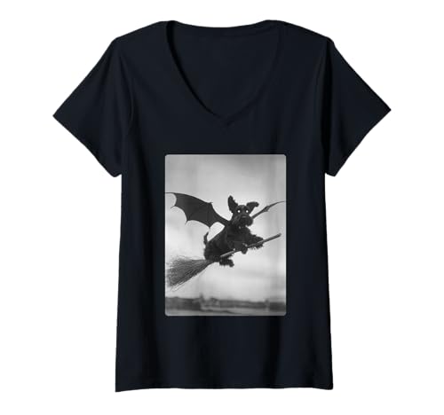 Damen Gothic Schnauzer Hexenbesen Fledermausflügel Gruseliger Halloween Hund T-Shirt mit V-Ausschnitt von Spooky Gothic Halloween Animals Clothing
