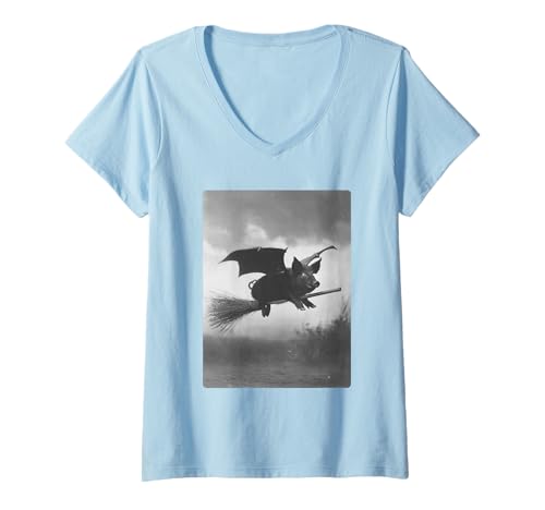 Damen Gothic Schwein Hexenbesen Fledermaus Flügel gruseliges Halloween Tier T-Shirt mit V-Ausschnitt von Spooky Gothic Halloween Animals Clothing