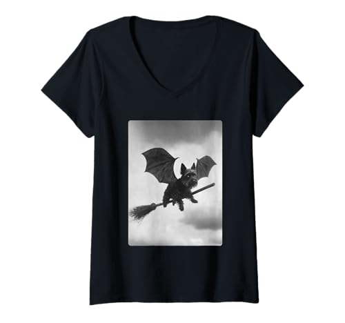 Damen Yorkshire Terrier Hexenbesen Fledermausflügel gruseliger Halloween-Hund T-Shirt mit V-Ausschnitt von Spooky Gothic Halloween Animals Clothing