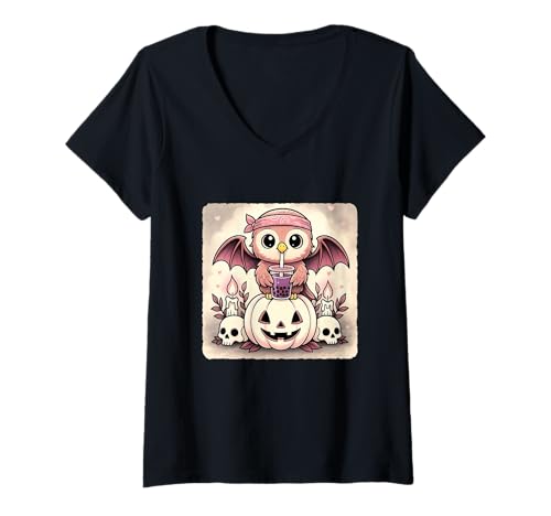 Damen Adler Fledermaus Kawaii Pastell Goth Gruseliges süßes Skelett T-Shirt mit V-Ausschnitt Damen Adler Fledermaus Kawaii Pastell Goth Gruseliges süßes Skelett T-Shirt mit V-Ausschnitt von Spooky Gothic Halloween Boba Tea Pumpkin Bandana