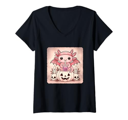 Damen Axolotl Fledermaus Kawaii Pastell Goth Gruseliges süßes Skelett T-Shirt mit V-Ausschnitt von Spooky Gothic Halloween Boba Tea Pumpkin Bandana