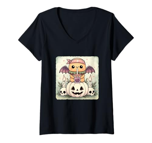 Damen Burger Fledermaus Kawaii Pastell Goth Gruseliges süßes Skelett T-Shirt mit V-Ausschnitt Damen Burger Fledermaus Kawaii Pastell Goth Gruseliges süßes Skelett T-Shirt mit V-Ausschnitt von Spooky Gothic Halloween Boba Tea Pumpkin Bandana