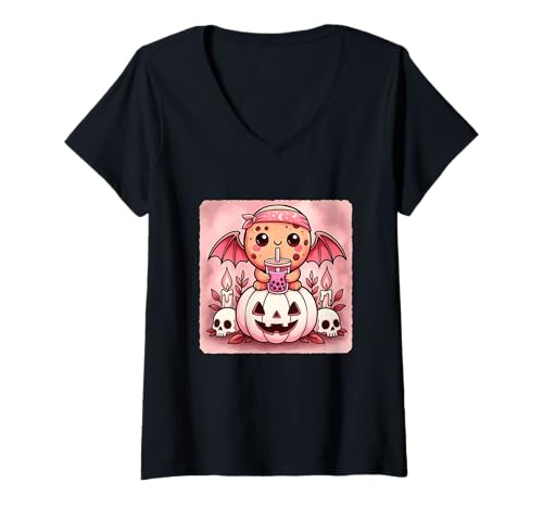 Damen Cookie Bat Kawaii Pastell Goth Gruseliges süßes Skelett T-Shirt mit V-Ausschnitt Damen Cookie Bat Kawaii Pastell Goth Gruseliges süßes Skelett T-Shirt mit V-Ausschnitt von Spooky Gothic Halloween Boba Tea Pumpkin Bandana