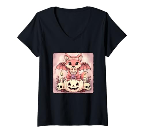 Damen Coyote Fledermaus Kawaii Pastell Goth Gruseliges süßes Skelett T-Shirt mit V-Ausschnitt Damen Coyote Fledermaus Kawaii Pastell Goth Gruseliges süßes Skelett T-Shirt mit V-Ausschnitt von Spooky Gothic Halloween Boba Tea Pumpkin Bandana