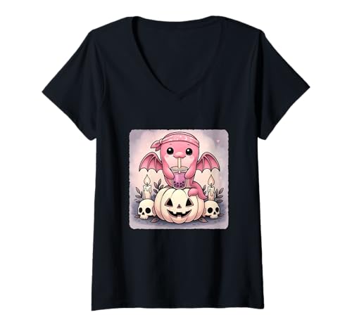 Damen Delphin Fledermaus Kawaii Pastell Goth Gruseliges süßes Skelett T-Shirt mit V-Ausschnitt Damen Delphin Fledermaus Kawaii Pastell Goth Gruseliges süßes Skelett T-Shirt mit V-Ausschnitt von Spooky Gothic Halloween Boba Tea Pumpkin Bandana