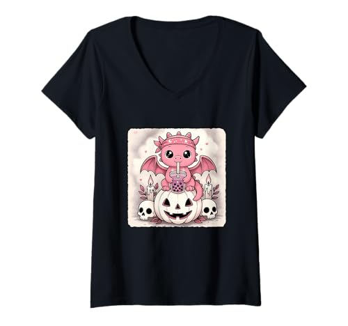 Damen Drachenfledermaus Kawaii Pastell Goth Gruseliges süßes Skelett T-Shirt mit V-Ausschnitt Damen Drachenfledermaus Kawaii Pastell Goth Gruseliges süßes Skelett T-Shirt mit V-Ausschnitt von Spooky Gothic Halloween Boba Tea Pumpkin Bandana