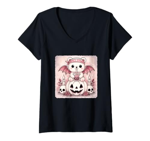 Damen Eisbär Fledermaus Kawaii Pastell Goth Gruseliges süßes Skelett T-Shirt mit V-Ausschnitt Damen Eisbär Fledermaus Kawaii Pastell Goth Gruseliges süßes Skelett T-Shirt mit V-Ausschnitt von Spooky Gothic Halloween Boba Tea Pumpkin Bandana