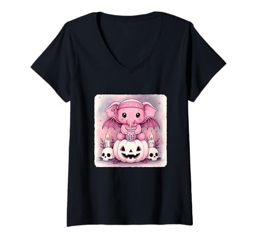 Damen Elefant Fledermaus Kawaii Pastell Goth Gruseliges süßes Skelett T-Shirt mit V-Ausschnitt Damen Elefant Fledermaus Kawaii Pastell Goth Gruseliges süßes Skelett T-Shirt mit V-Ausschnitt von Spooky Gothic Halloween Boba Tea Pumpkin Bandana