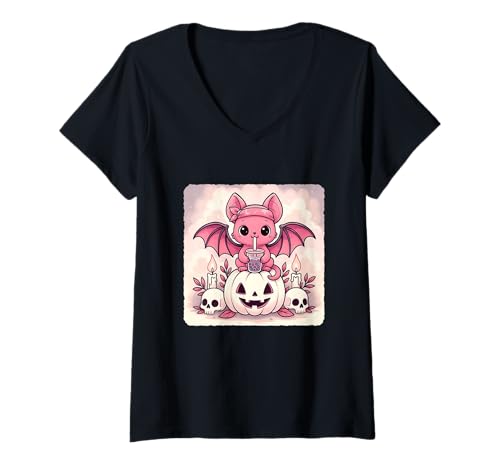 Damen Fledermaus Fledermaus Kawaii Pastell Goth Gruseliges süßes Skelett T-Shirt mit V-Ausschnitt Damen Fledermaus Fledermaus Kawaii Pastell Goth Gruseliges süßes Skelett T-Shirt mit V-Ausschnitt von Spooky Gothic Halloween Boba Tea Pumpkin Bandana