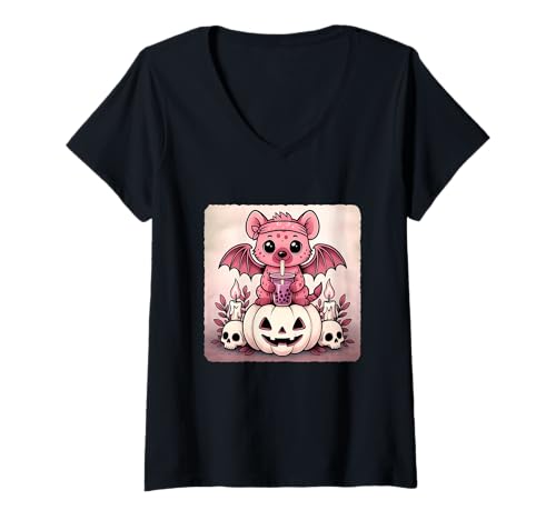 Damen Hyena Fledermaus Kawaii Pastell Goth Gruseliges süßes Skelett T-Shirt mit V-Ausschnitt Damen Hyena Fledermaus Kawaii Pastell Goth Gruseliges süßes Skelett T-Shirt mit V-Ausschnitt von Spooky Gothic Halloween Boba Tea Pumpkin Bandana
