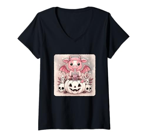 Damen Kuh Fledermaus Kawaii Pastell Goth Gruseliges süßes Skelett T-Shirt mit V-Ausschnitt Damen Kuh Fledermaus Kawaii Pastell Goth Gruseliges süßes Skelett T-Shirt mit V-Ausschnitt von Spooky Gothic Halloween Boba Tea Pumpkin Bandana