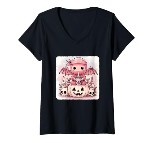 Damen Ninja Fledermaus Kawaii Pastell Goth Gruseliges süßes Skelett T-Shirt mit V-Ausschnitt Damen Ninja Fledermaus Kawaii Pastell Goth Gruseliges süßes Skelett T-Shirt mit V-Ausschnitt von Spooky Gothic Halloween Boba Tea Pumpkin Bandana