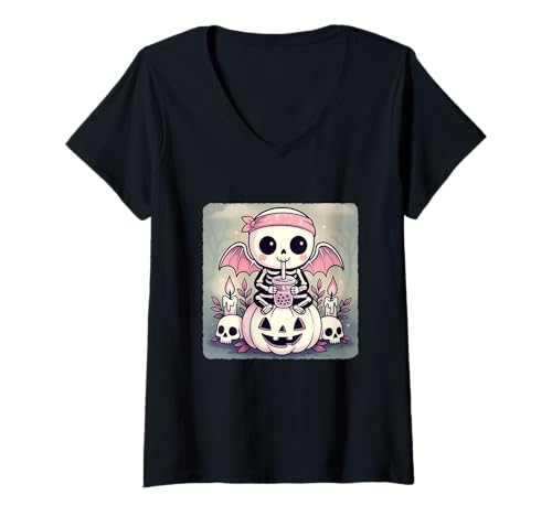 Damen Skelett Fledermaus Kawaii Pastell Goth Gruseliges süßes Skelett T-Shirt mit V-Ausschnitt Damen Skelett Fledermaus Kawaii Pastell Goth Gruseliges süßes Skelett T-Shirt mit V-Ausschnitt von Spooky Gothic Halloween Boba Tea Pumpkin Bandana