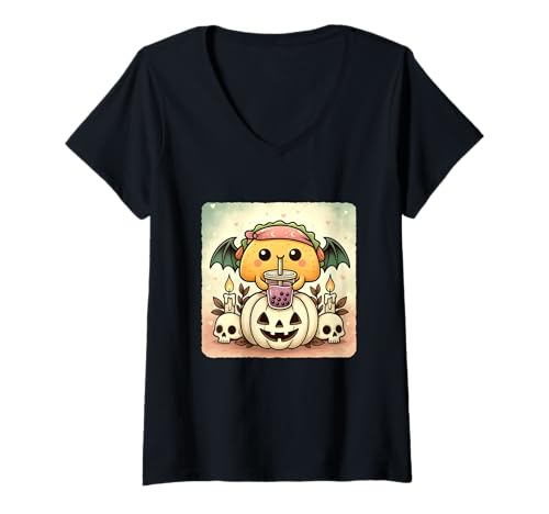 Damen Taco Fledermaus Kawaii Pastell Goth Gruseliges süßes Skelett T-Shirt mit V-Ausschnitt Damen Taco Fledermaus Kawaii Pastell Goth Gruseliges süßes Skelett T-Shirt mit V-Ausschnitt von Spooky Gothic Halloween Boba Tea Pumpkin Bandana