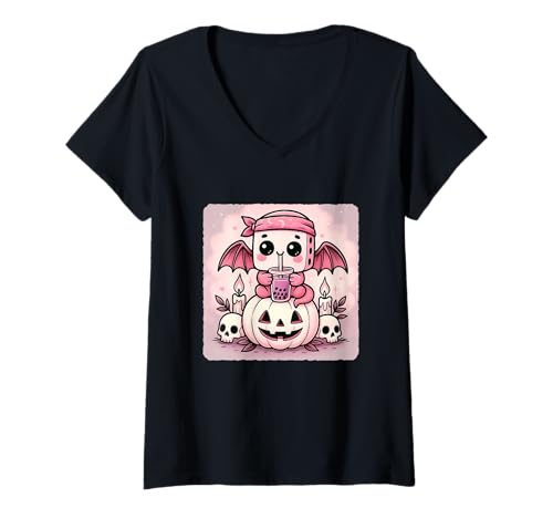 Damen Würfelschläger Kawaii Pastell Goth Gruseliges süßes Skelett T-Shirt mit V-Ausschnitt Damen Würfelschläger Kawaii Pastell Goth Gruseliges süßes Skelett T-Shirt mit V-Ausschnitt von Spooky Gothic Halloween Boba Tea Pumpkin Bandana