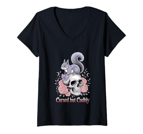 Damen Cursed But Cudbly Gothic Eichhörnchen Rosen Okkulte T-Shirt mit V-Ausschnitt Damen Cursed But Cudbly Gothic Eichhörnchen Rosen Okkulte T-Shirt mit V-Ausschnitt von Spooky Gothic Squirrel Roses Occult